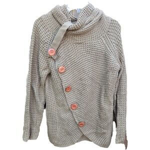 GRECERELLE Womens Khaki Asymmetrical Button Cowl Neck Waffle Knit Sweater M